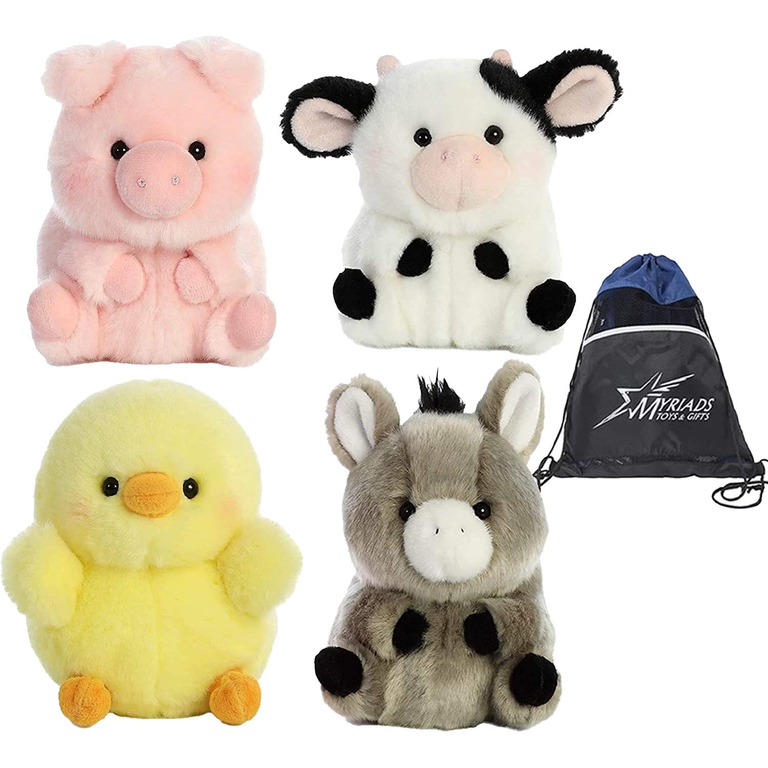 aurora5" Plush Rolly Pets Farmyard Plushie 4 Pack: Chickadee Chick, Prankster Pig, Daisy Cow, and Bray Donkey, with Drawstring Bag