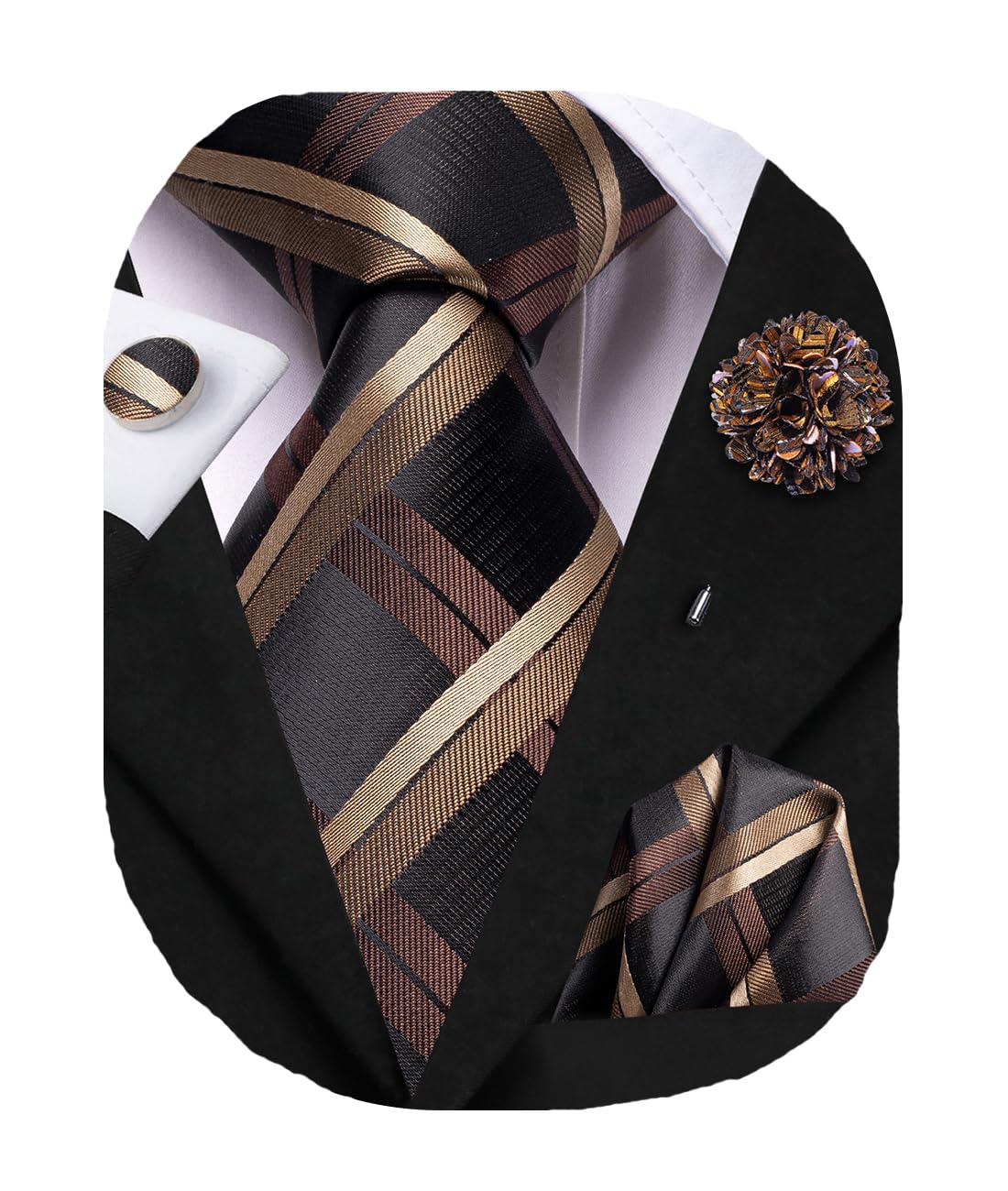 Mens Tie Set Silk Striped Woven Necktie with Lapel Pin Pocket Square Cufflinks Set for Wedding Party