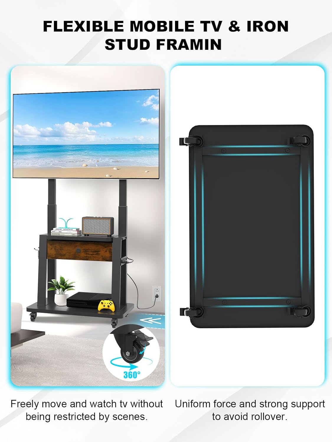 Rolling TV Stand with Power Outlet and Fabric Drawer for 32-75 Inch Flat/Curved Screen up to 220lbs LCD/LED/OLED Adjustable Height Mobile TV Cart with Wheels for Home Office Max VESA 600x400mm