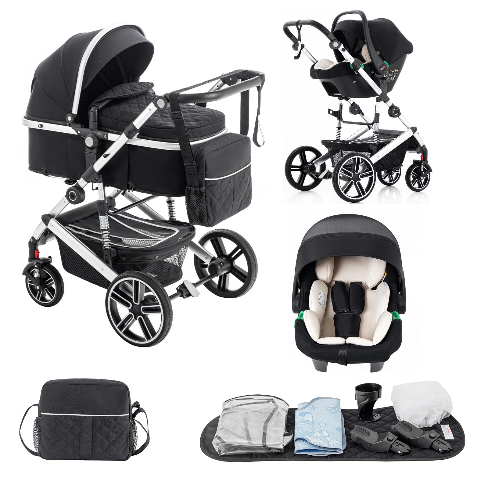 Cochecito Bebe 3 Piezas, el Chasis es de Aluminio, la Cesta Portabebés es de Tela 600D, Silla de Paseo Plegable, incluye Cubierta Para la Lluvia y Mosquitera, Negro
