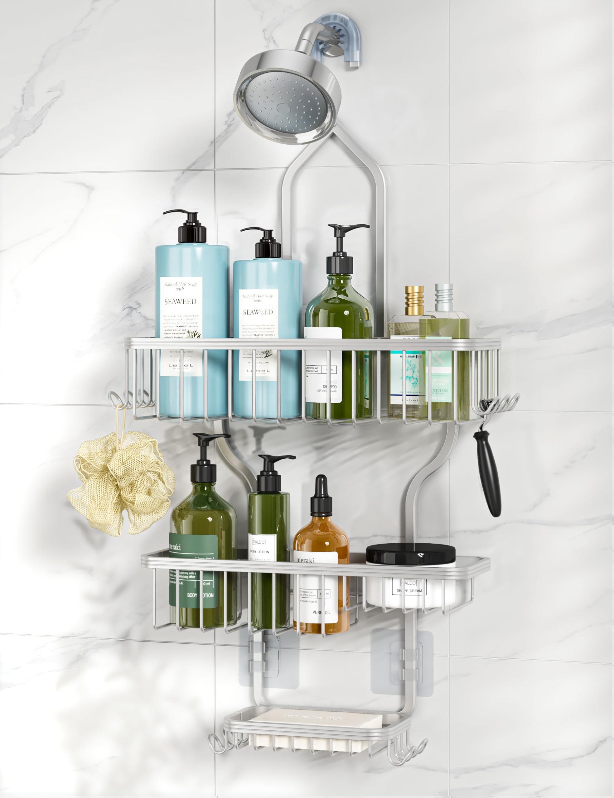 YASONIC Hanger Model Hanging Shower Caddy with 10 Hooks for Razor/Sponge, Soap Basket Never Rust ...