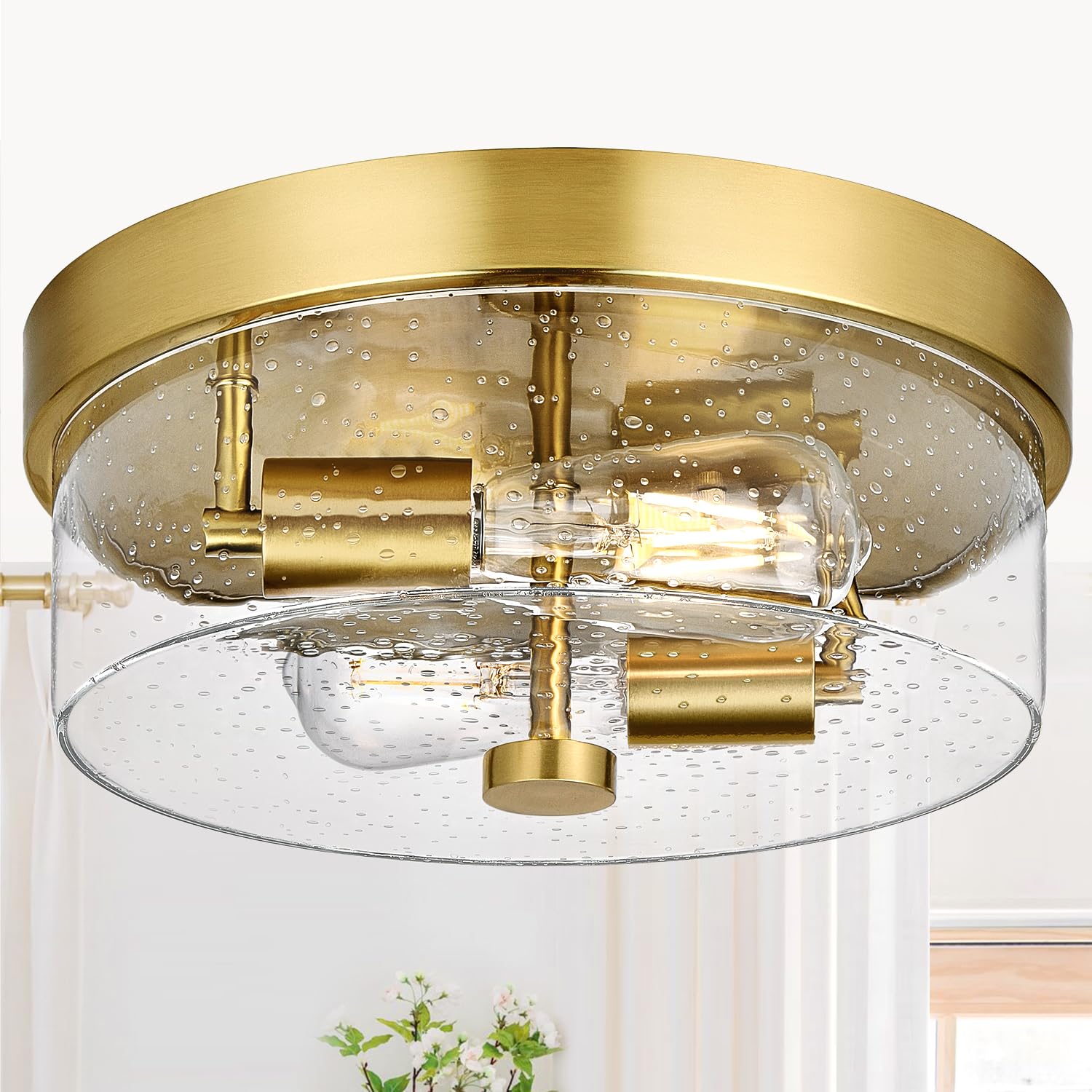 Flush Mount Ceiling Light Fixtures, 2-Light Gold Ceiling Mount for Farmhouse with Seeded Glass Lampshade, Industrial Flush Mount Light Fixture Farmhouse for Hallway, Kitchen, Entryway and Foyer