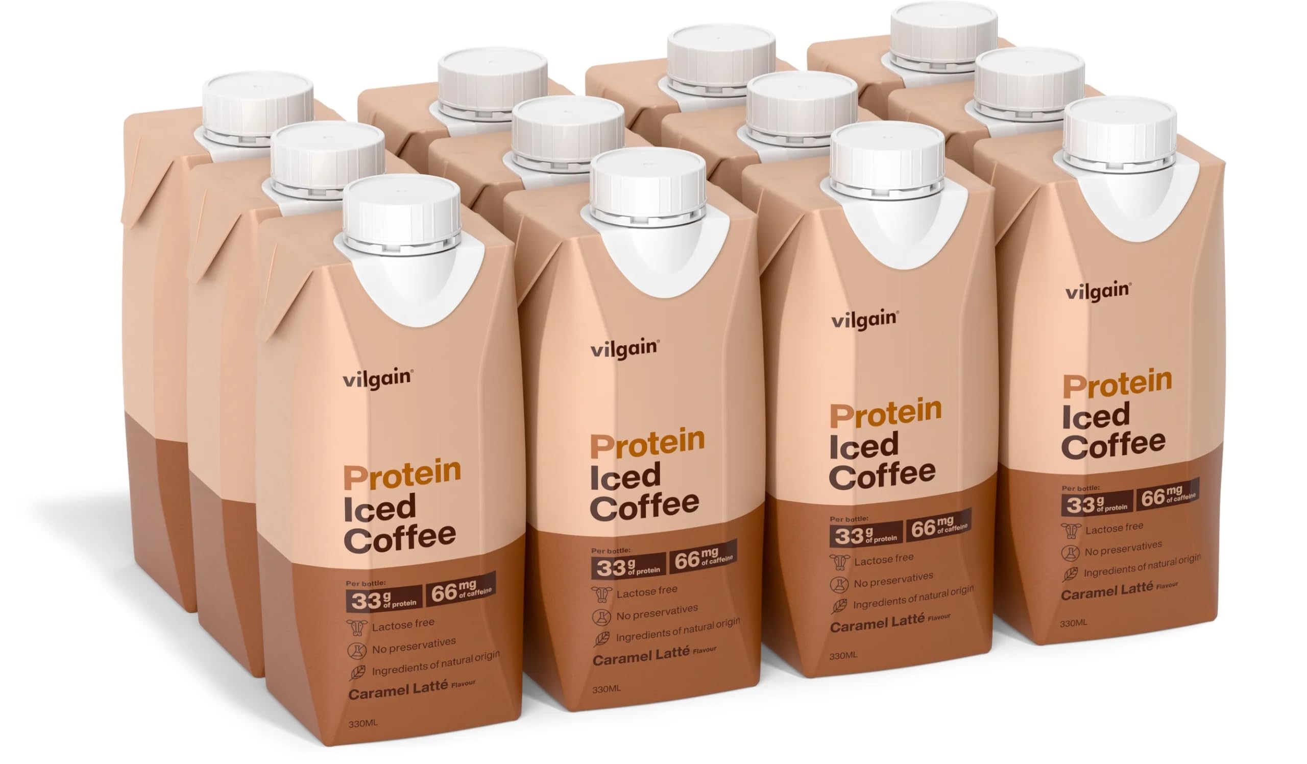 Vilgain Protein Iced Coffee Pack â€“ Robusta Coffee with Creamy Caramel Flavour, 33g Milk Protein To Go, Lactose-Free, Stevia Sweetened, No Preservatives, 12x330ml Bottle Pack