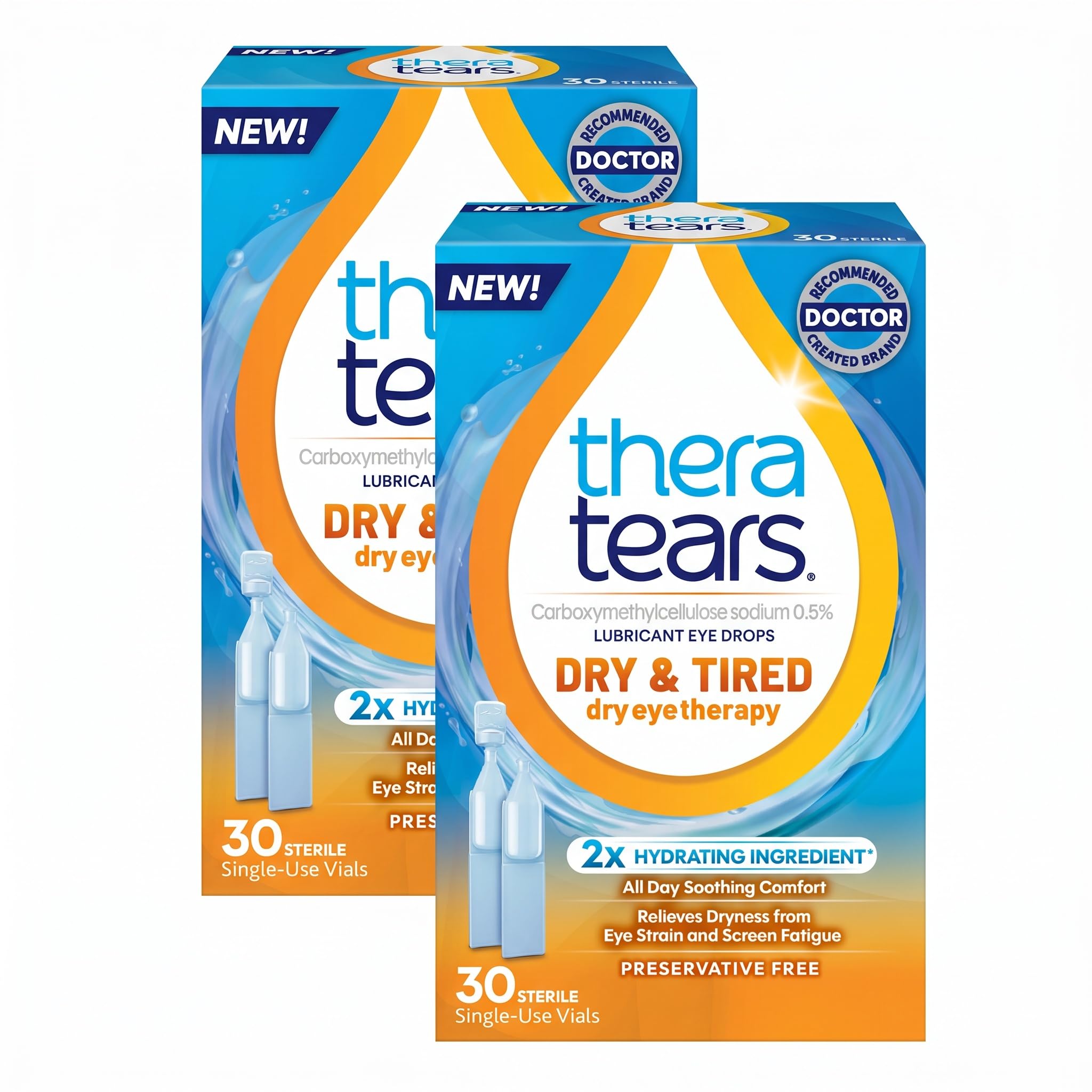 TheraTears Dry & Tired Preservative-Free Eye Drops for Dry Eye Relief and Daily Eye Care, 30 Single-Use Vials (Pack of 2)