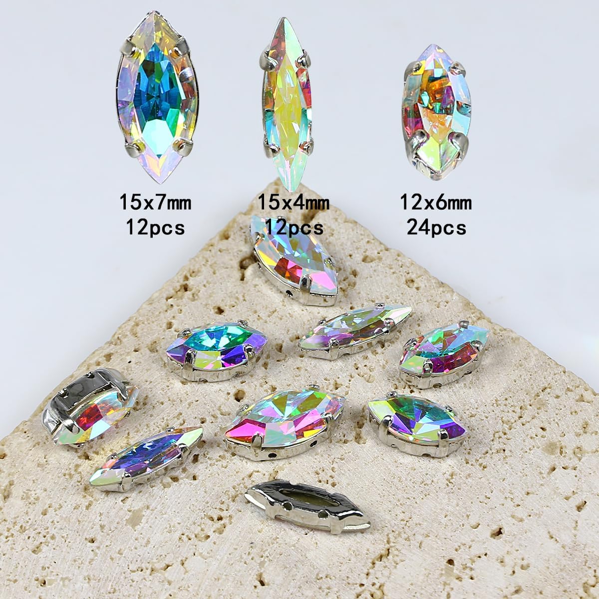 DONGZHOU Navette Shape Sew On Rhinestone with Silver Claw,48Pcs Mix Size Sewing Crystal Stone K9 Glass Gems for Clothes Shoes Jewelry Making DIY Crafts Wedding Decoration,Crystal AB