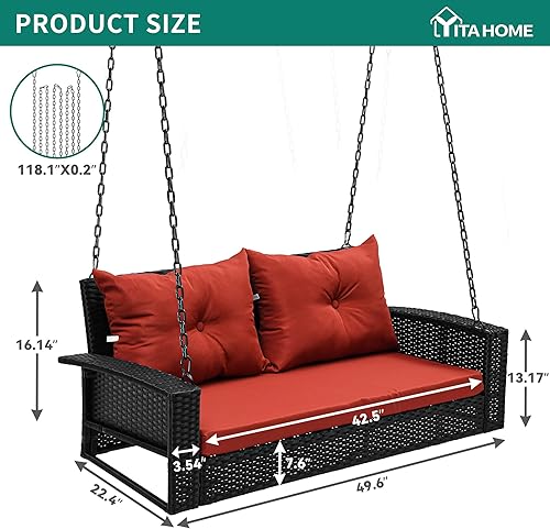 Miniatura 3 de YITAHOME Silla oscilante colgante de mimbre de 2 asientos, para exteriores, ratán negro, con 2 cojines de respaldo, capacidad de 530 libras para