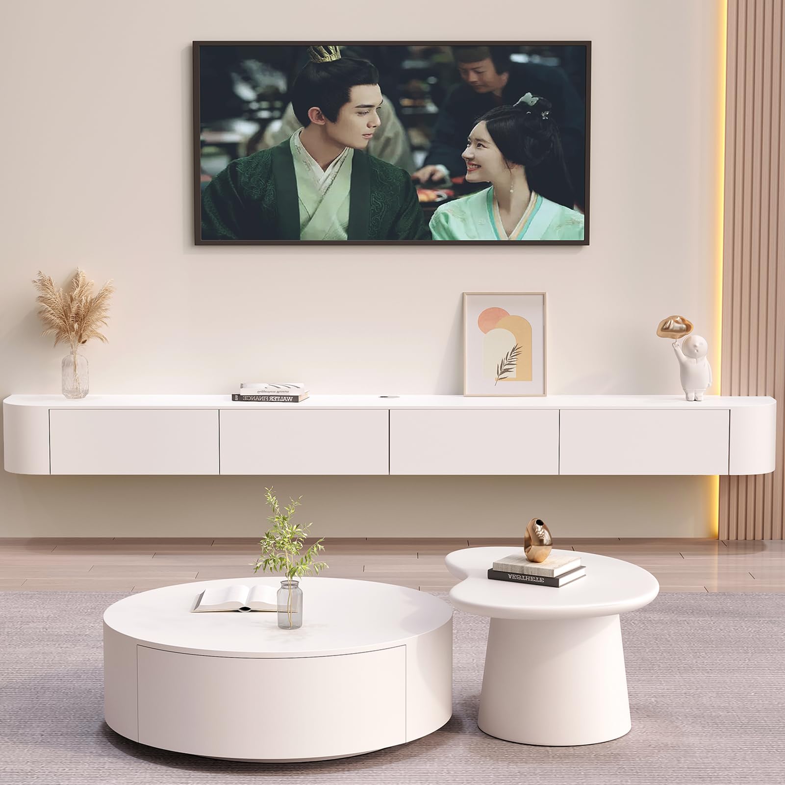 Weiß TV-Schrank,Fernsehtisch Hängend mit 2 Schublade,1 Türen,140 cm lang,TV Lowboard für Fernseher bis zu 60 Zoll,TV Tisch,Hängeboard Schwebend,TV Board hängend,für Wohnzimmer,Schlafzimmer