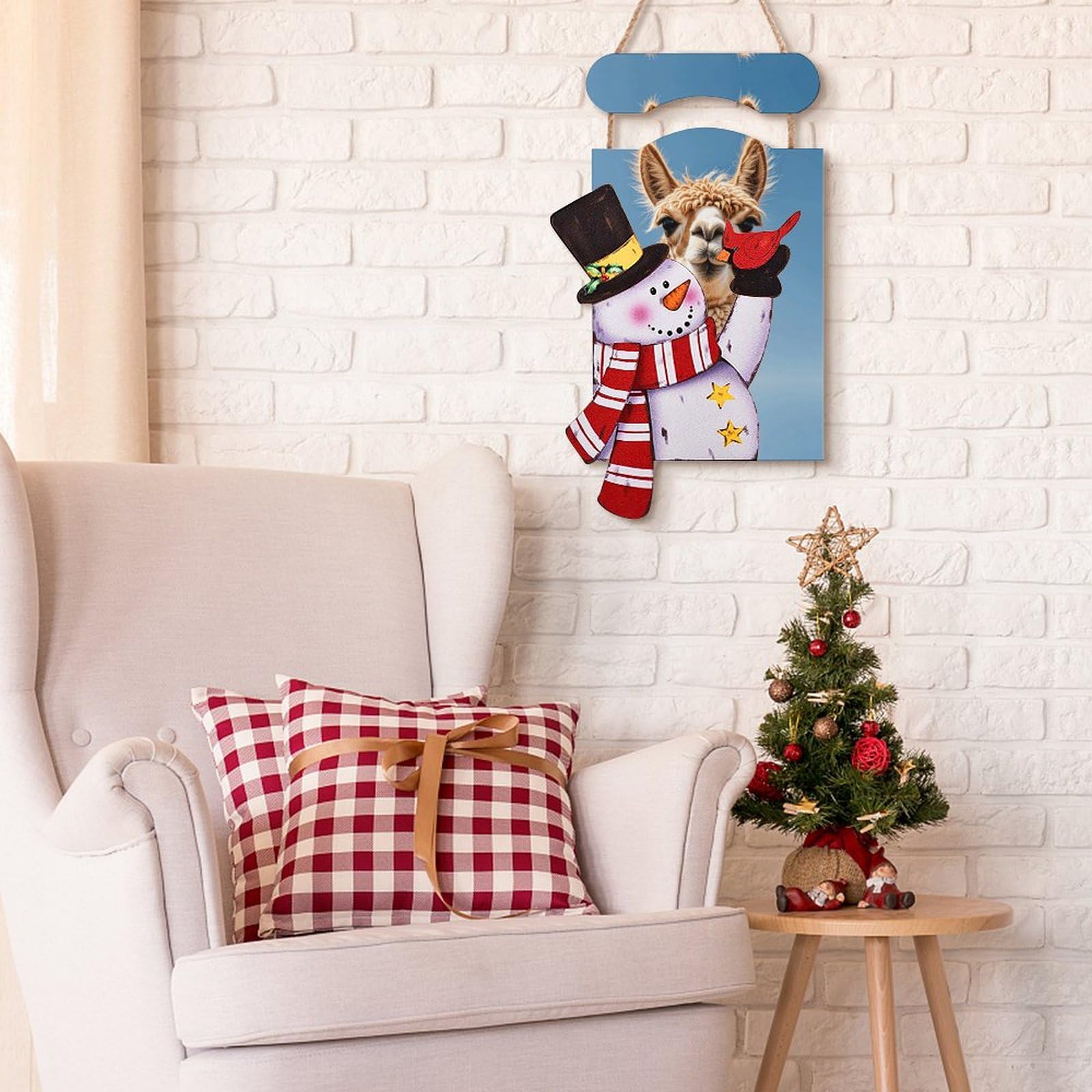 Pittura da appendere con pupazzo di neve di Natale, in legno, decorazione invernale con alpaca e lama stampata, decorazione da parete natalizia