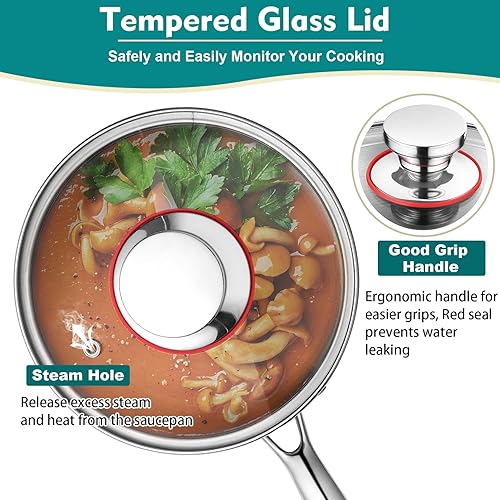 Miniatura 3 de P&P CHEF Olla y cacerola de tres capas de 1 cuarto de galón, sartén de acero inoxidable con tapa, olla de inducción de cocina, utensilios de cocina
