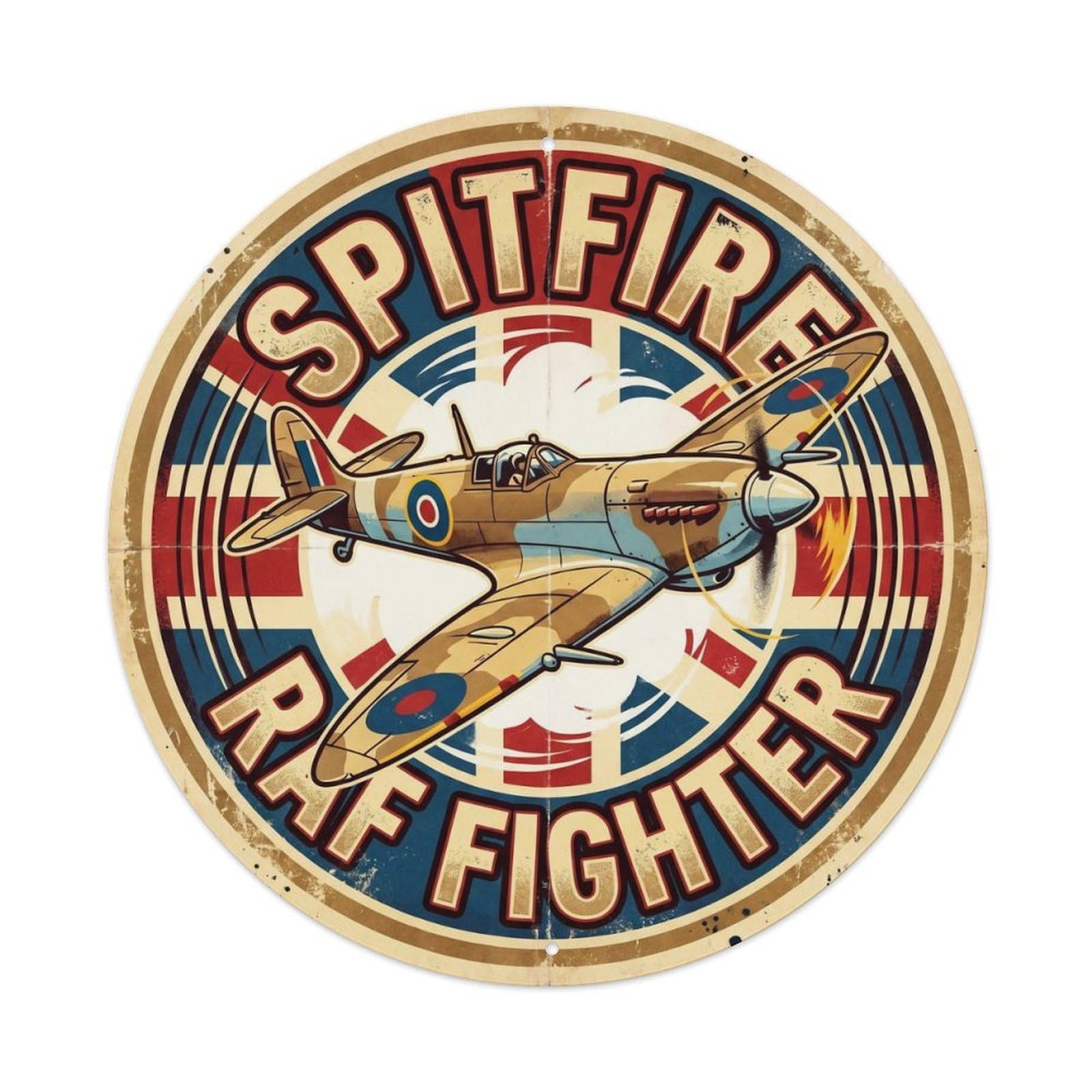 British WWII Military RAF Spitfire Fighter Aircraft Metal Tin Sign Plaque Wall Decor for Cafe, Man Cave, Club Bar, Office, Home Garden Round Metal Poster 8x8Inch