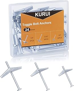 Heavy Duty Hollow Wall Anchors for Drywall, Carbon Steel, 24Pc Toggle Bolts and Wing Nut Kit, Hollow Drywall Anchors and Screws Assortment Set, 3 Sizes Butterfly Anchors (1/8in, 3/16in, 1/4in)
