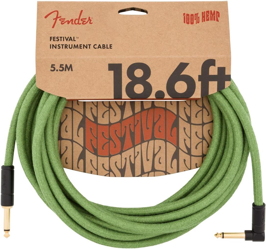Fender 0990918062 Festival Hemp Straight to Right Angle Instrument Cable - 18.6 Foot Green