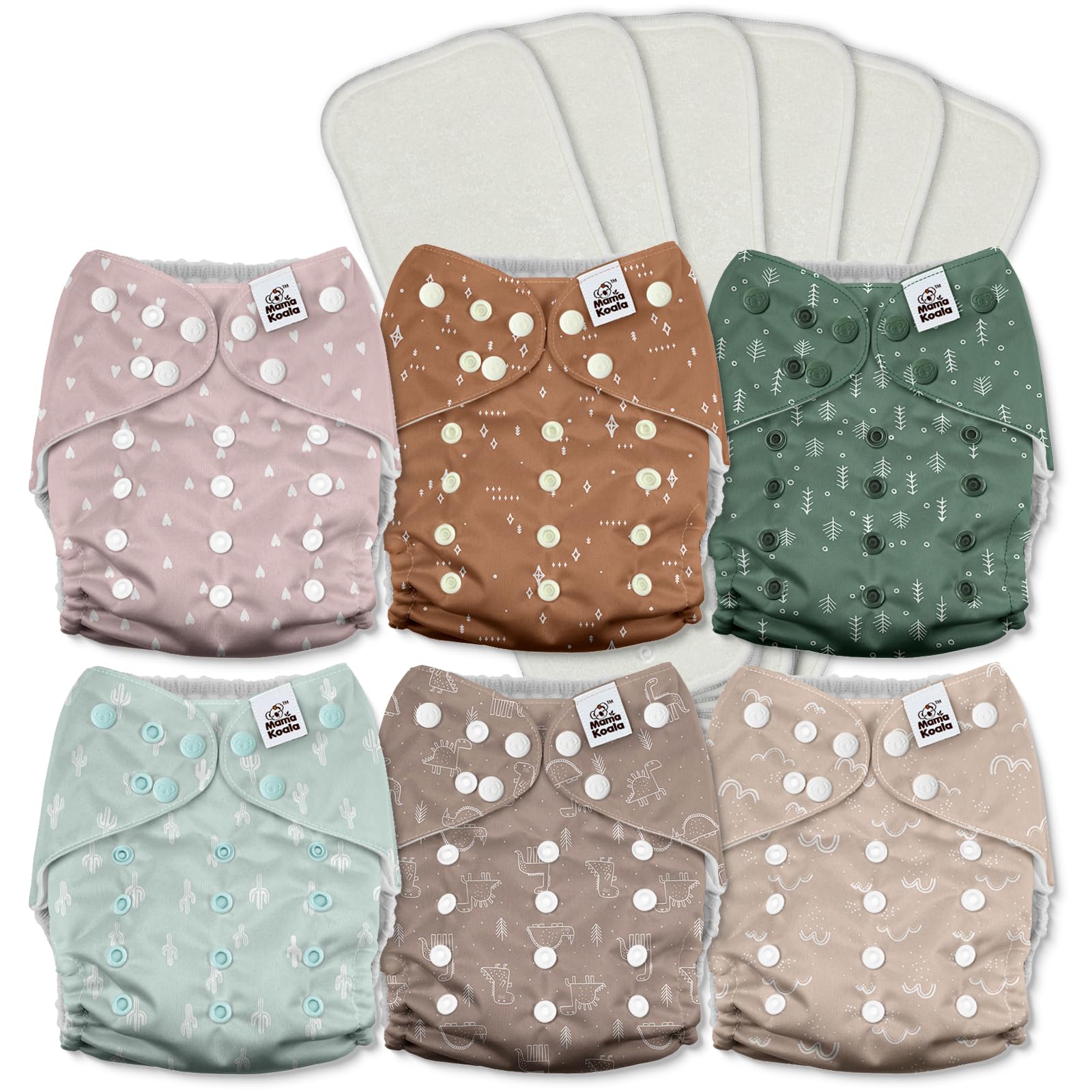 Mama Koala 3.0 Pocket Cloth Diapers for Babies with AWJ Lining, 6 Pack with 6 5-Layer Natural Cloth Diaper Inserts - Reusable and Washable Pocket Diapers(A-My Warm Heart)