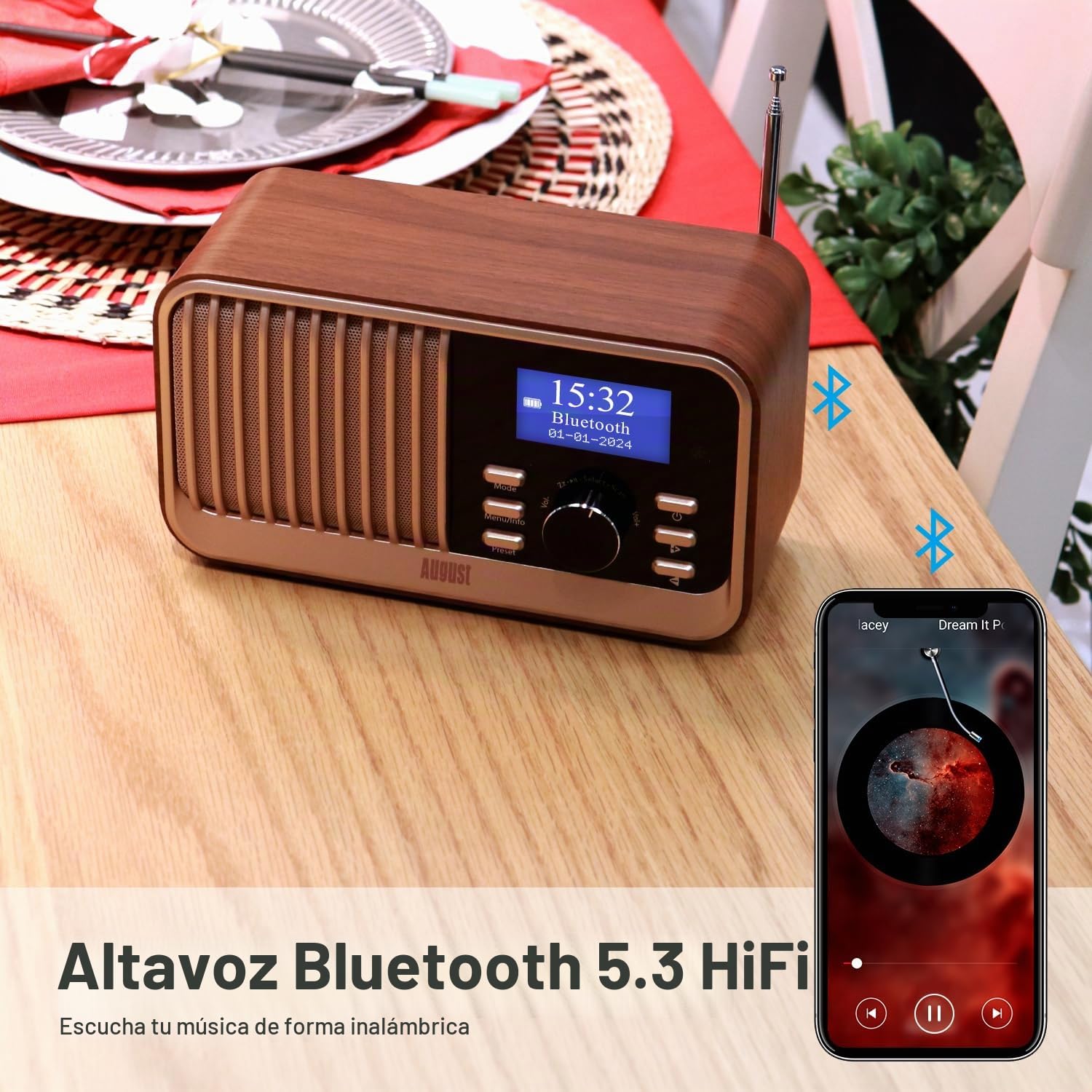 August MB450K Radio FM Dab+ Recargable Reloj Despertador Doble, Radio portátil Retro con 60 presintonías, Altavoz Bluetooth 5.3, USB/AUX/MicroSD, batería hasta 18 Horas y Mando a Distancia - Roble