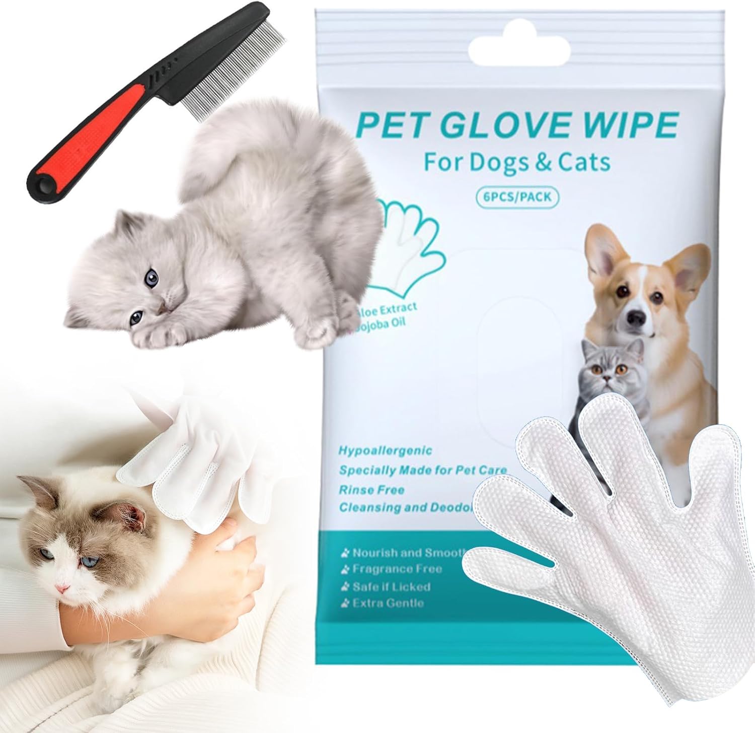 Rinse-Free Dog Shampoo Mitts,Hypoallergenic Pet Bath Wipes,Rinse Free Foaming Dog Shampoo Mitts,Cleaning Fur Lick Safe,Cleaning Grooming Gloves for Dogs Cats Daily Care and Traveling (1 Pack/6Pcs) - Image 1 of 8