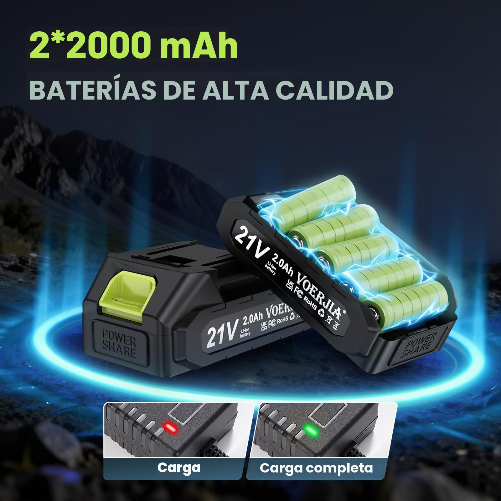 VOERJIA - Taladro atornillador inalámbrico de 21 V, taladro de percusión sin escobillas de 60 Nm, 2 baterías de 2000 mAh, 21+3 pares de torque, portabrocas de 10 mm, 2 velocidades, LED, 29 accesorios