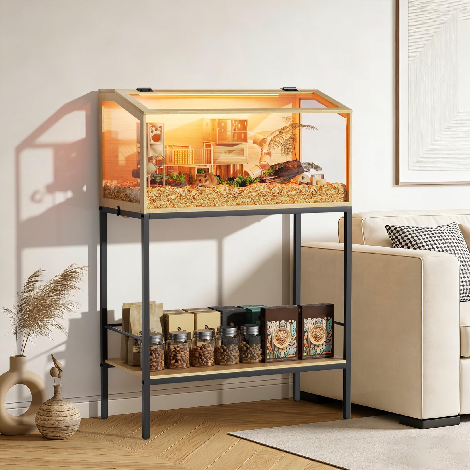 BingoPaw Hamsterkäfig Nagerkäfig aus Holz und Gehärtetes Glas