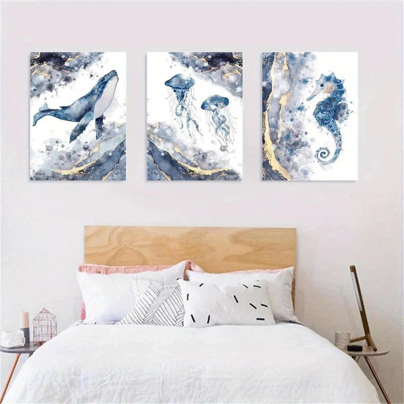 Yocheng 3pcs Ocean Wonders Canvas Art Set -Whale, Jellyfish & Seahorse Prints In Wall Decor For Living Room 50x70cmx3 No Frame
