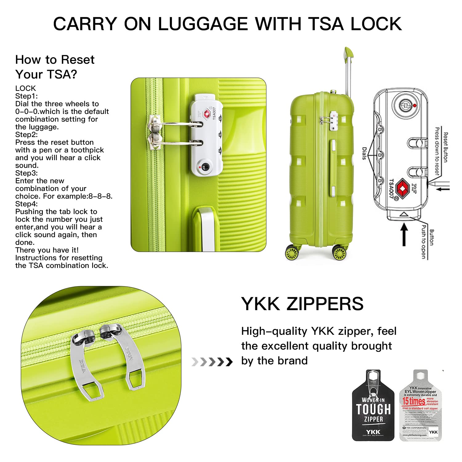 KONO Valigia Trolley Rigida Bagaglio a Mano 55cm Leggero in Polipropilene Valige con 4 Ruote e TSA Lucchetto, Verde