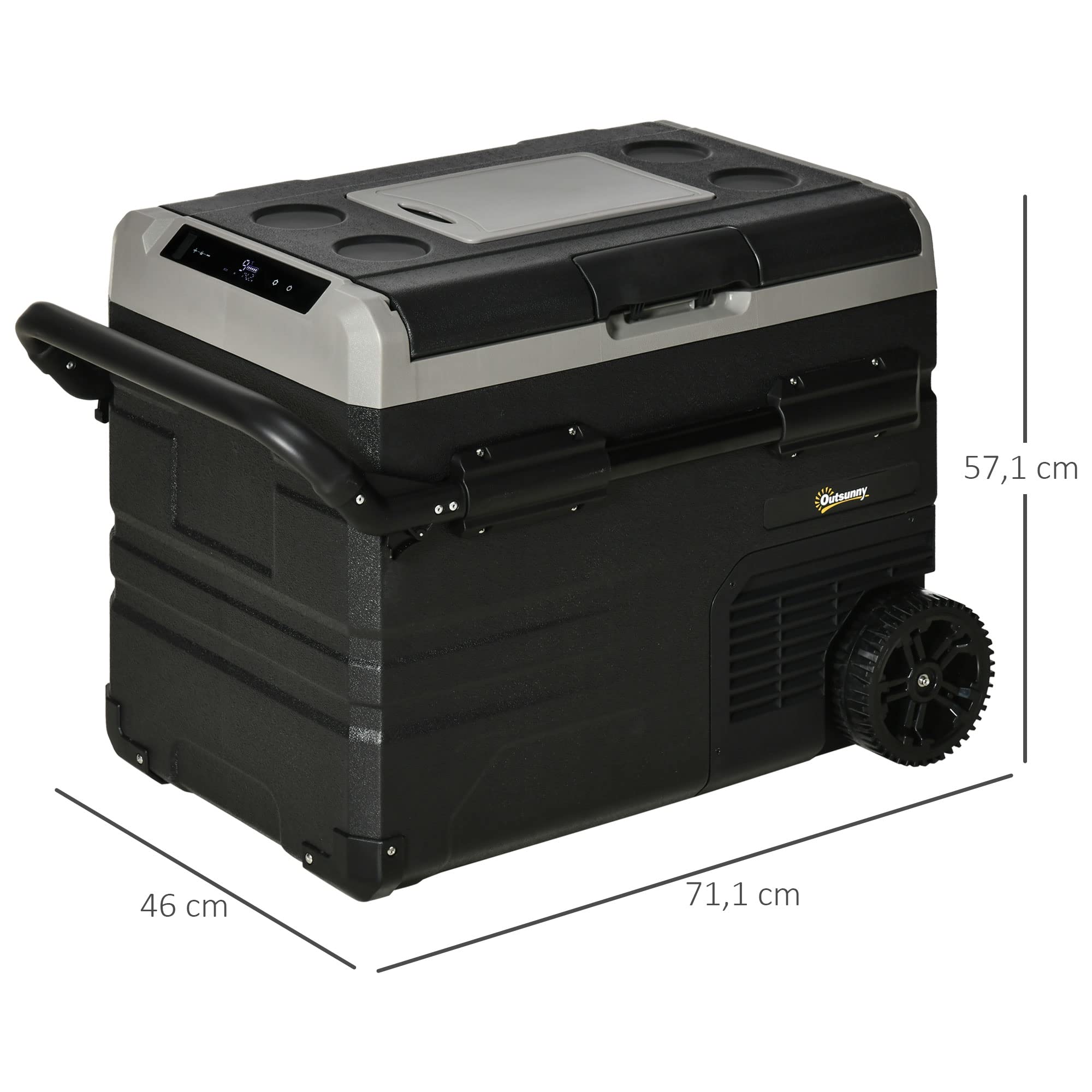 Outsunny Nevera Compresor Portátil 60L Nevera Portátil Eléctrica para Coche Congelador CC 12V/24V hasta -20℃ con Pantalla LED Táctil Asa Retráctil Ruedas para Camping Viajes 71,1x46x57,1 cm Negro