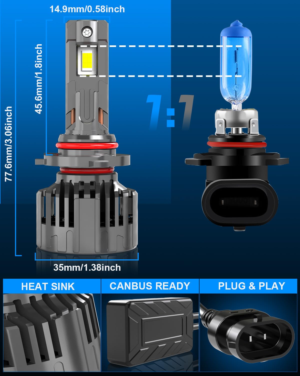 Żarówka LED HB3 40000LM 180W, 800% Jaśniejsza Biała 6500K 12V 24V żarówka Reflektorowa LED 9005, Miniaturowy Rozmiar 1:1 Plug-and-Play, Zestaw 2 Szt.