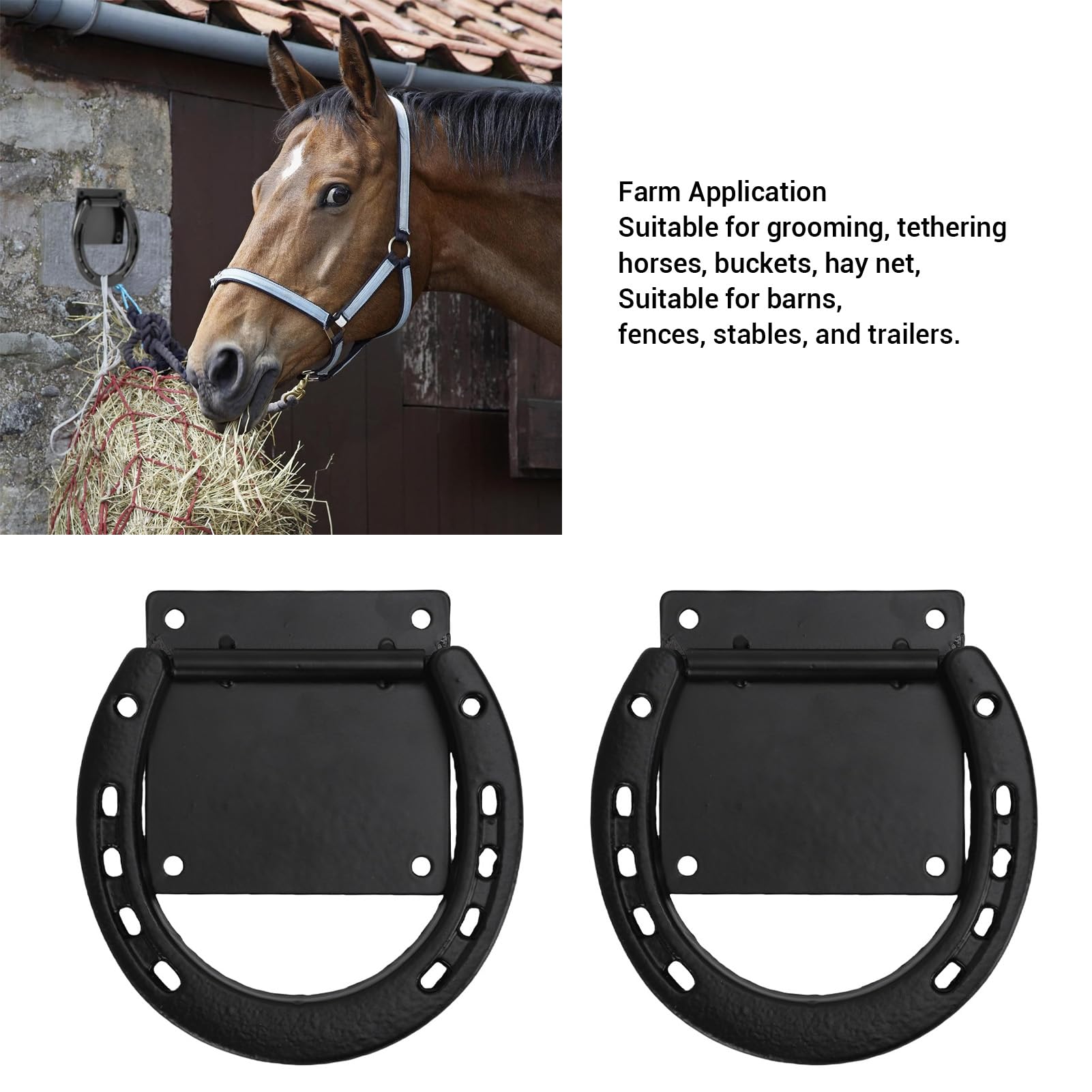 Topiky Paquete de 2 Anillos para Atar Caballos, Anillo de Atado de Herradura con Revestimiento Negro de Acero Sólido