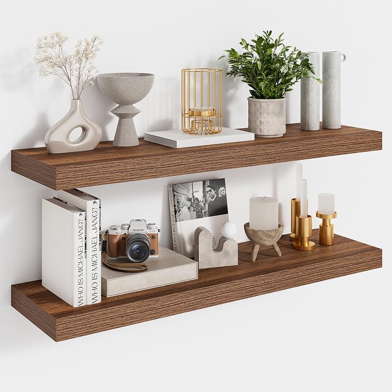 Set de 2 rafturi suspendate Feihorrm, 60x16,5x3,1 cm, rafturi din lemn cu montare pe perete, rafturi de perete maro închis pentru sufragerie, dormitor, bucătărie