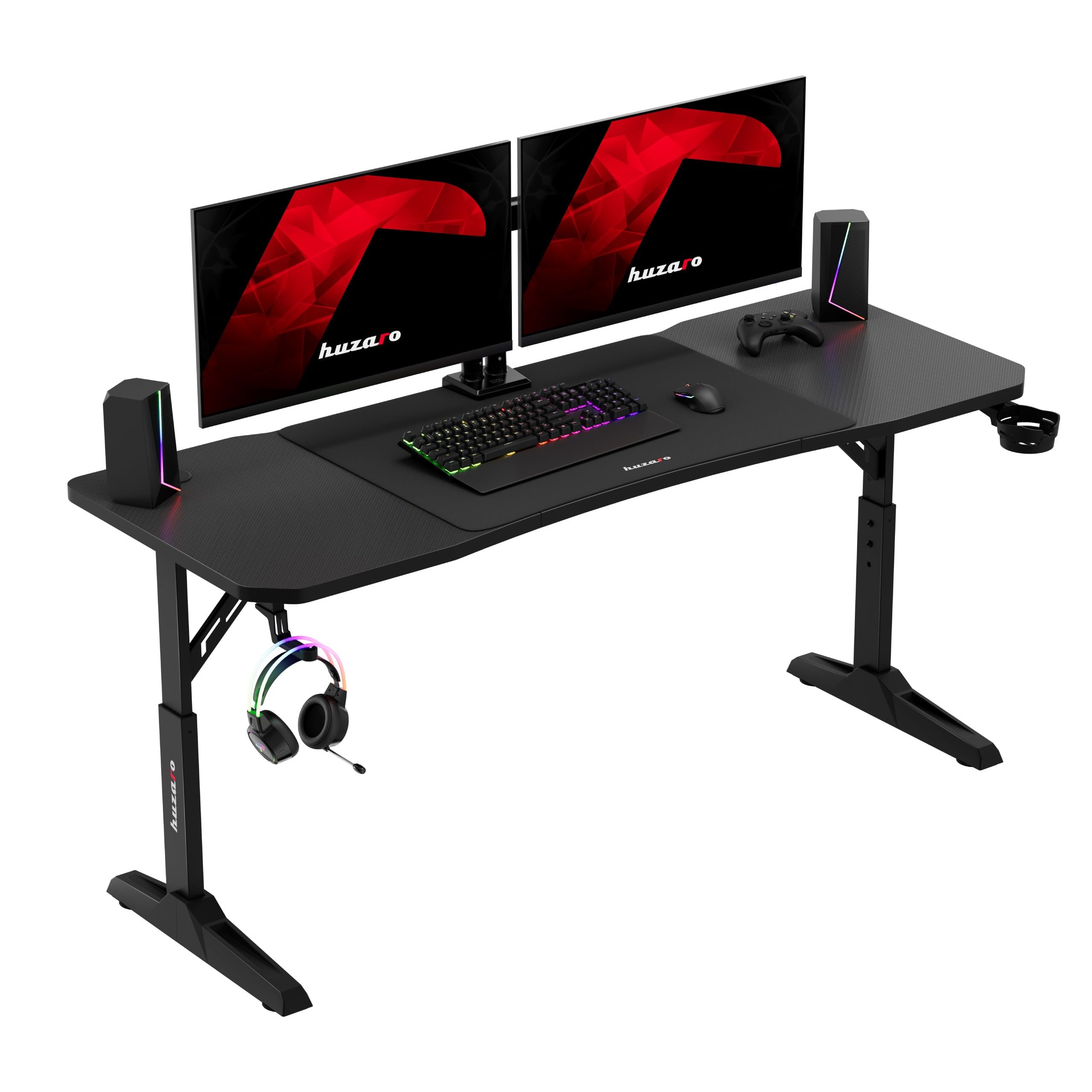 huzaro Hero 4.6 - Mesa para videojuegos (altura regulable, escritorio de 160 x 60 cm, superficie de carbono, gestión de cables, soporte para bebidas y soporte para auriculares, mesa para PC, oficina