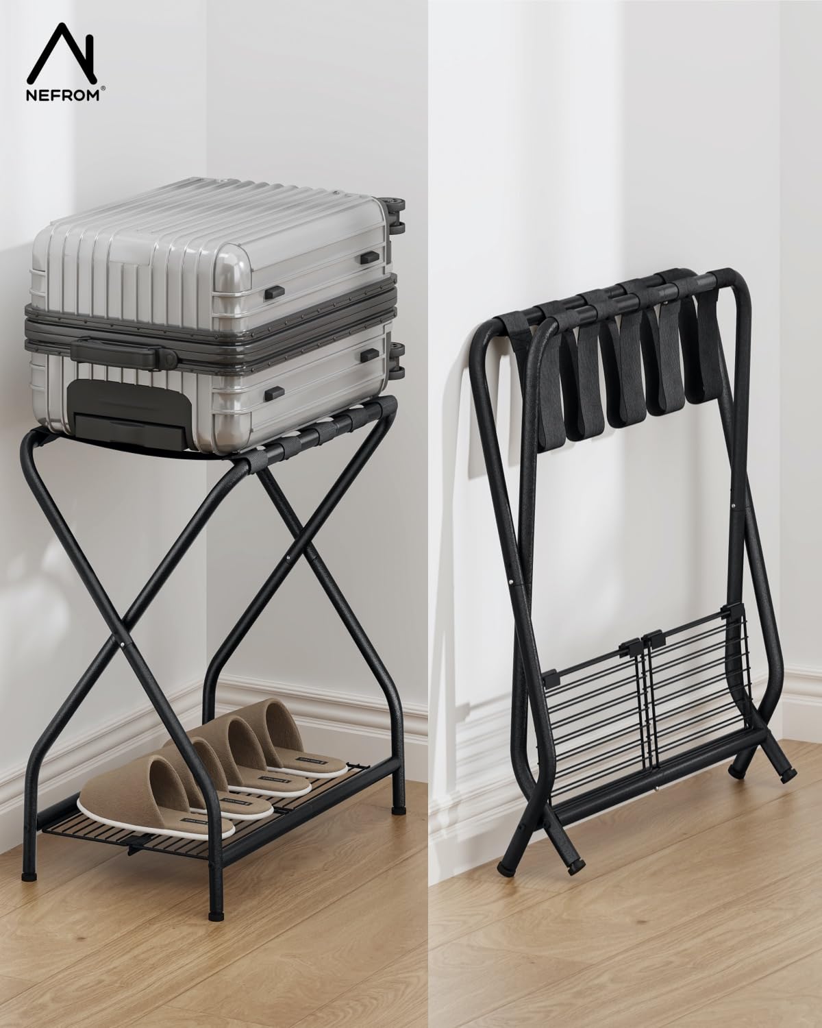 Portaequipajes, soporte para maleta con estante de almacenamiento, soporte de equipaje de metal plegable para habitación de invitados, dormitorio, hotel LR-BK-1