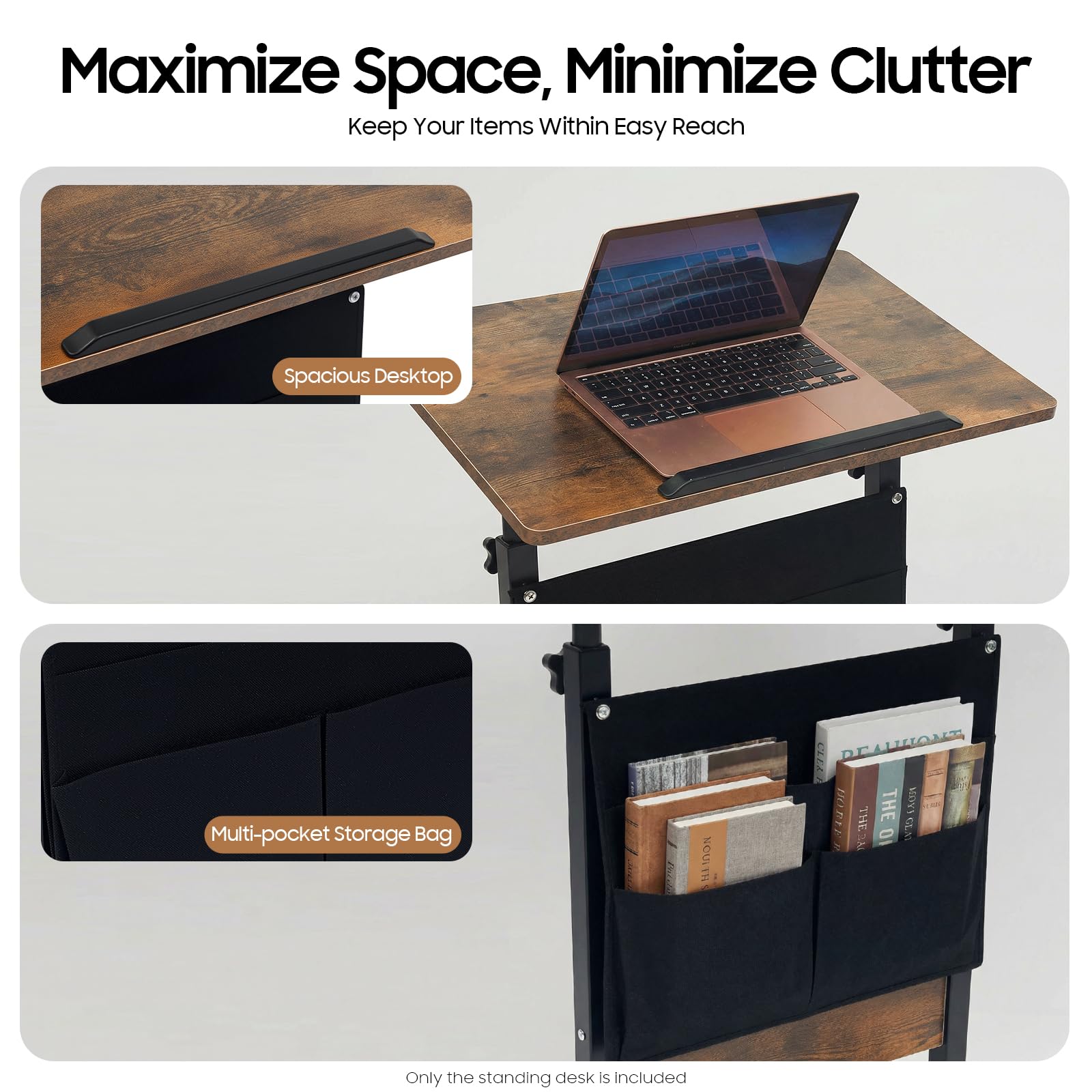 Mobile Standing Desk Portable Laptop Desk with Adjustable Height and Storage Bag Rolling Computer Stand for Office Living — view 7