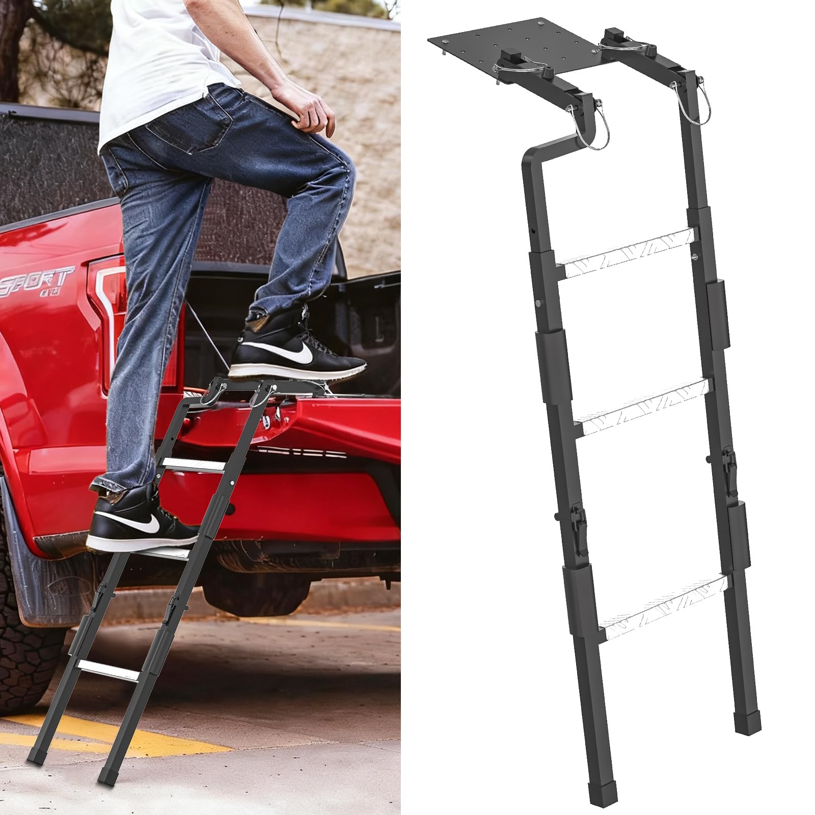 Tailgate Ladder Universal Fit, Truck Bed Step Ladder for Pickup Truck with Non-Slip Aluminum Steps for Easy Access, Stainless Steel Self Drilling Screws &amp; Replaceable Rubber Feet, 45” Adjustable