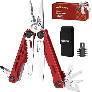 WORKPRO 24-in-1 Mutitool, Stainless Steel Multitool Pliers with Pocket Knife and Screwdrivers, EDC Self-locking Multi Tool with Sheath, Belt Clip for Outdoor Activities, Gifts for Men, Red