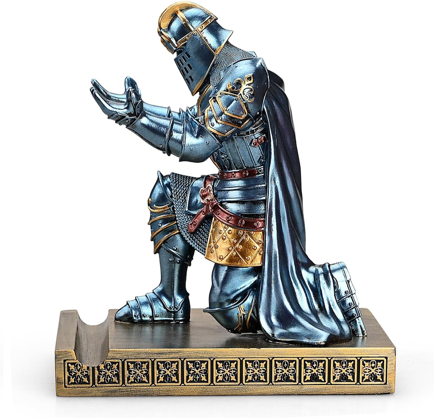 King's Guard Leader Cloak Warrior Knight Pen Holder Mobile Phone Stand, Ornament Knight Statue, Pen Stand Paperweight for Office and Home (Blue)