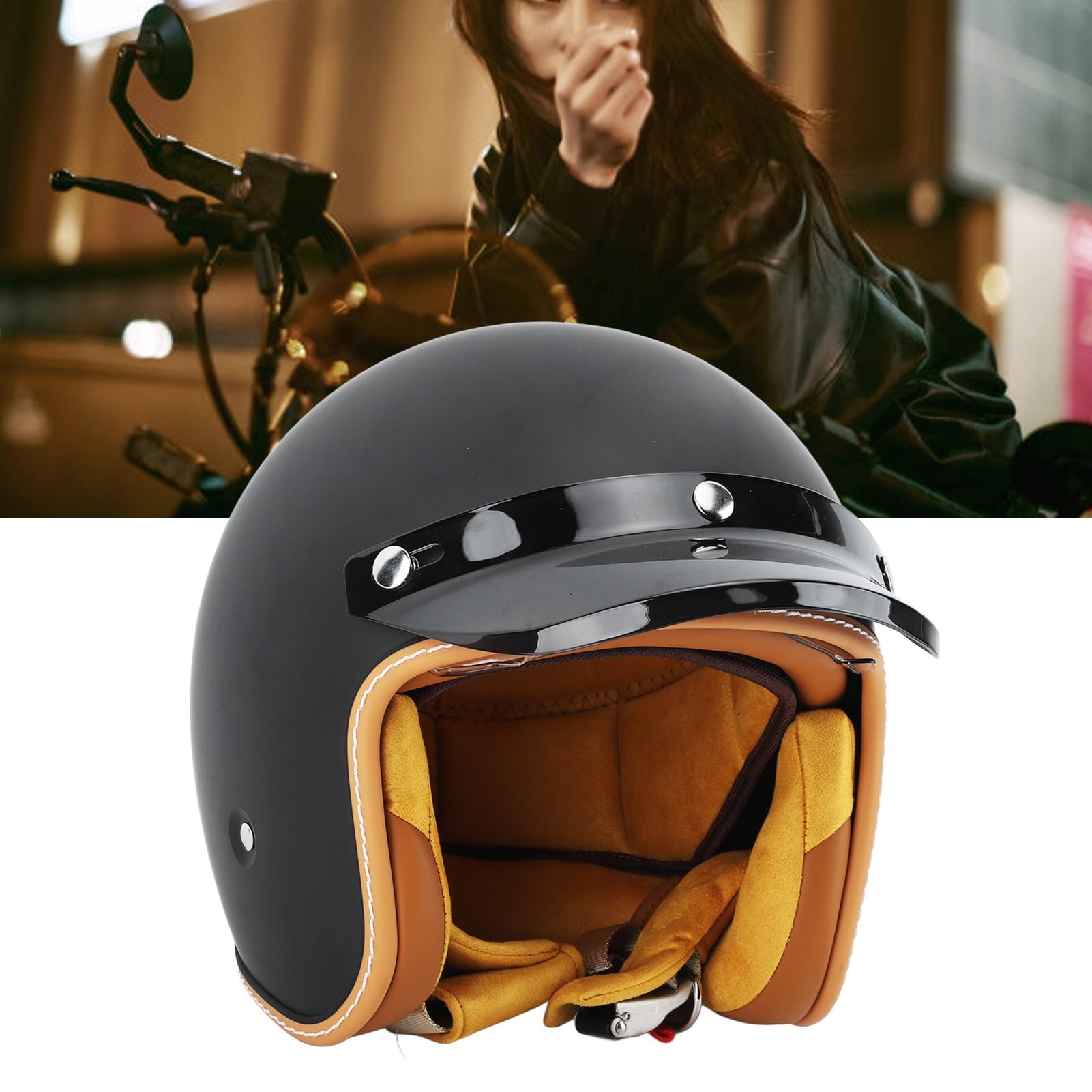 Cascos Jet 3/4, Protección Solar Negro Mate, Estilo Retro, Cascos de Moto Outdoor Muy Cómodos (L)