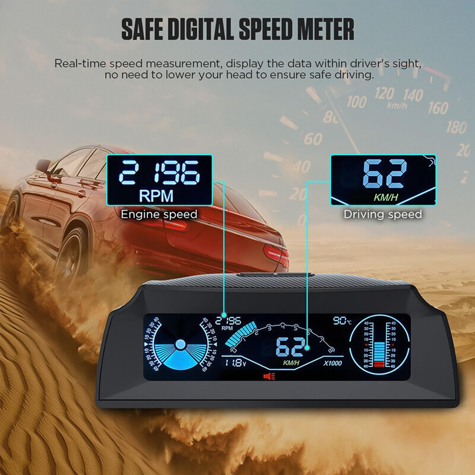 ASYWISH Universal Vehicle Modiffied Accessory Car OBD Multifunction Gauge Digital Speedometer Slope Display HUD Head-Up Display High Car HUD