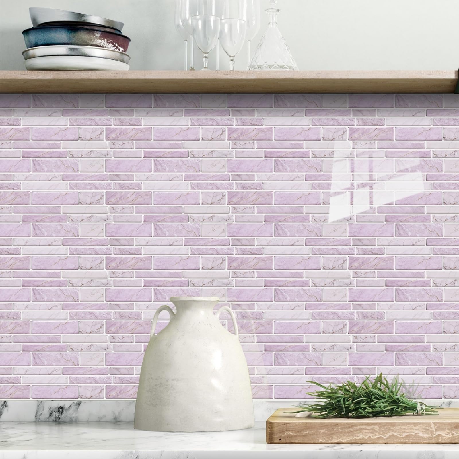 Stick on Kitchen Tiles 12x24 cm Marble Pink Brick Peel and Wall Waterproof PVC for Fireplace Surround Furniture Decoration Tile Stickers Backsplash 20 Pcs