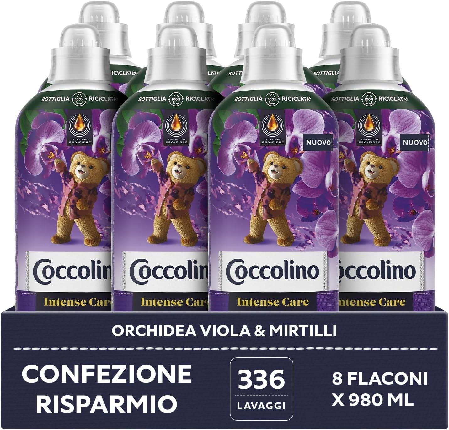 Coccolino Suavizante concentrado orquídea violeta y arándanos, suavizante para lavadora Intense Care con tecnología Pro-Fibre, formato hasta 336 lavados, 8 unidades de 980 ml