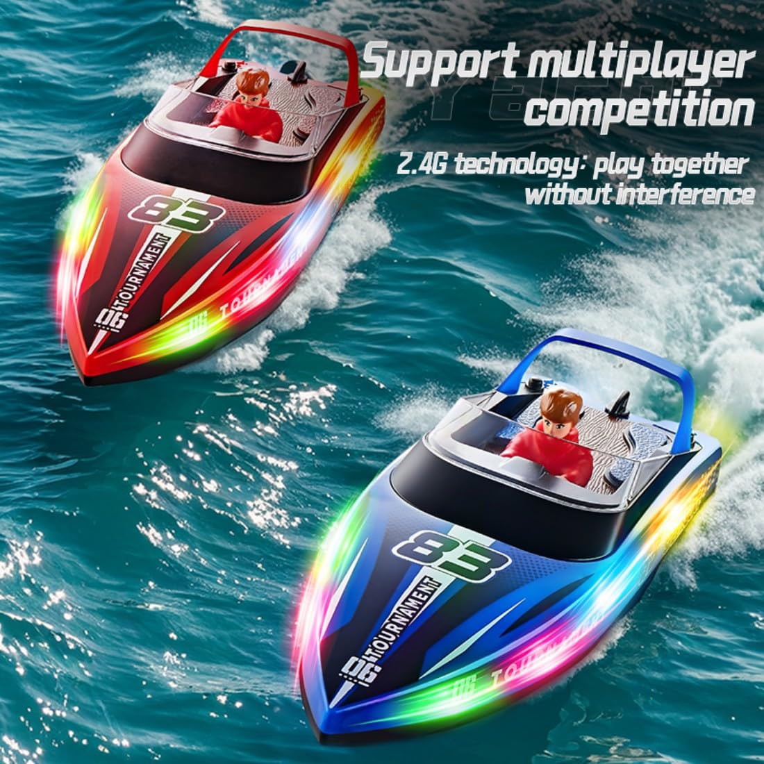 HJ821 - Lancha rápida a control remoto para adultos, 2.4 GHz de doble hélice de alta velocidad RC lancha de carreras con luces, modelo de embarcación eléctrica para piscina, lago