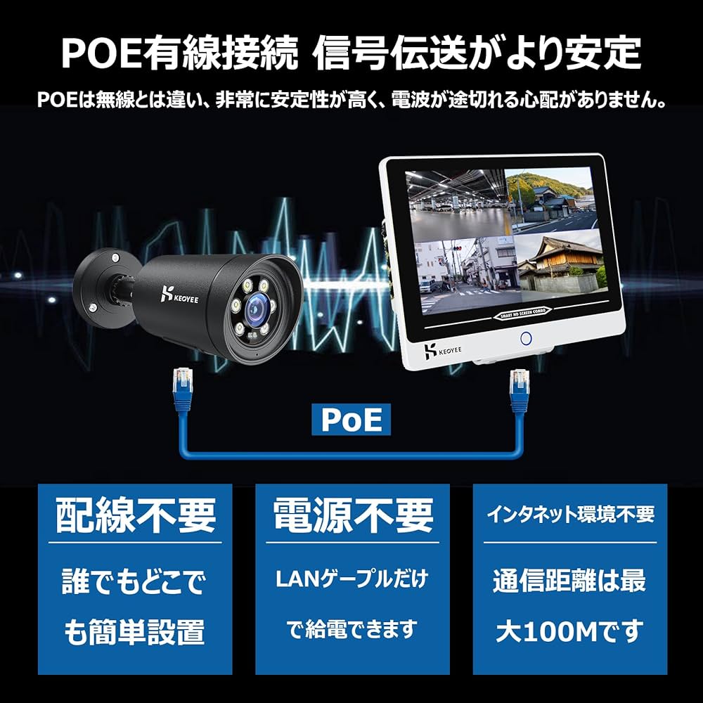 500万高画素 POE有線防犯カメラセット 4台セット遠隔監視 wifi不要 500万画素 家庭用POE防犯カメラ 双方向通話 AI人体検知 屋内外