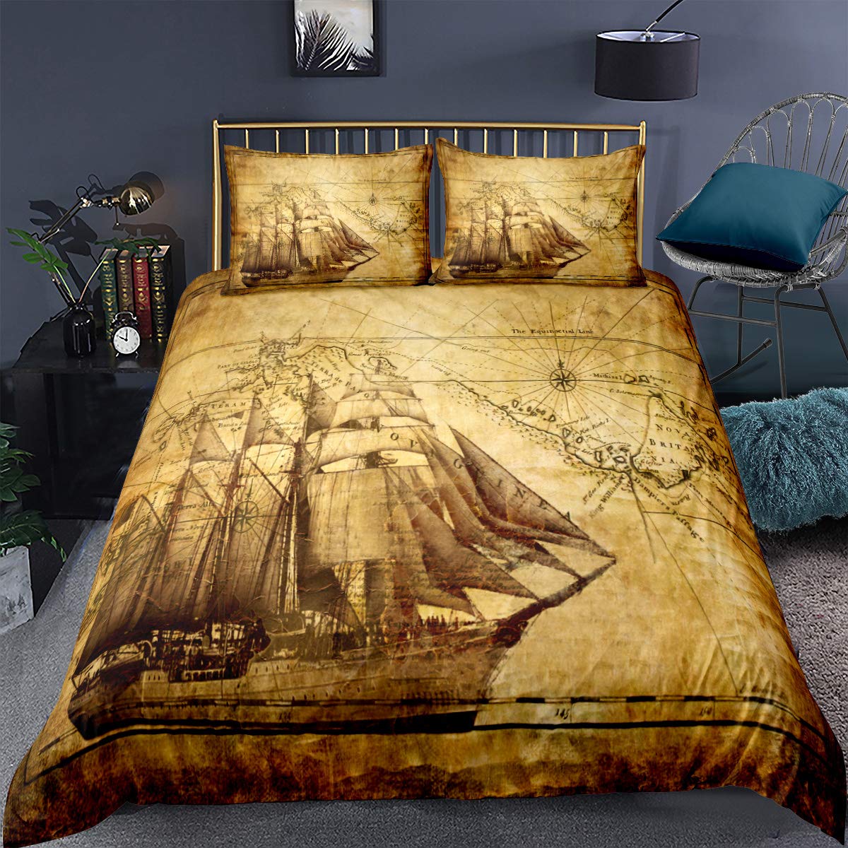 Loussiesd Multicoloured 10000 Nautical Duvet Cover Set Double Bedding Set Sailboat Art Comforter Cover With 2Pillowcases Vintage Design Microfiber Personalized Antique Bedspread Cover Yellowed Old Map Zipper 3 Pieces
