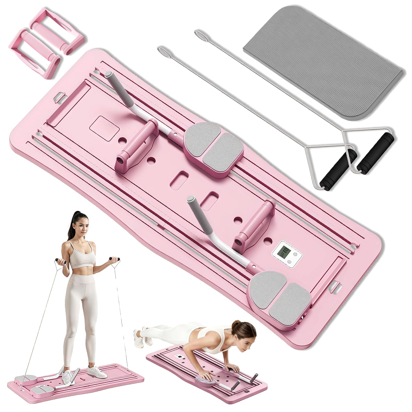 WingFly Pilates Reformer, 5 en 1 Pilates Board Pliable avec Roue Abdominale à Rebondissement Automatique et Minuterie, AB Roller Machine Multifonctionnel pour la Maison et la Salle de Sport