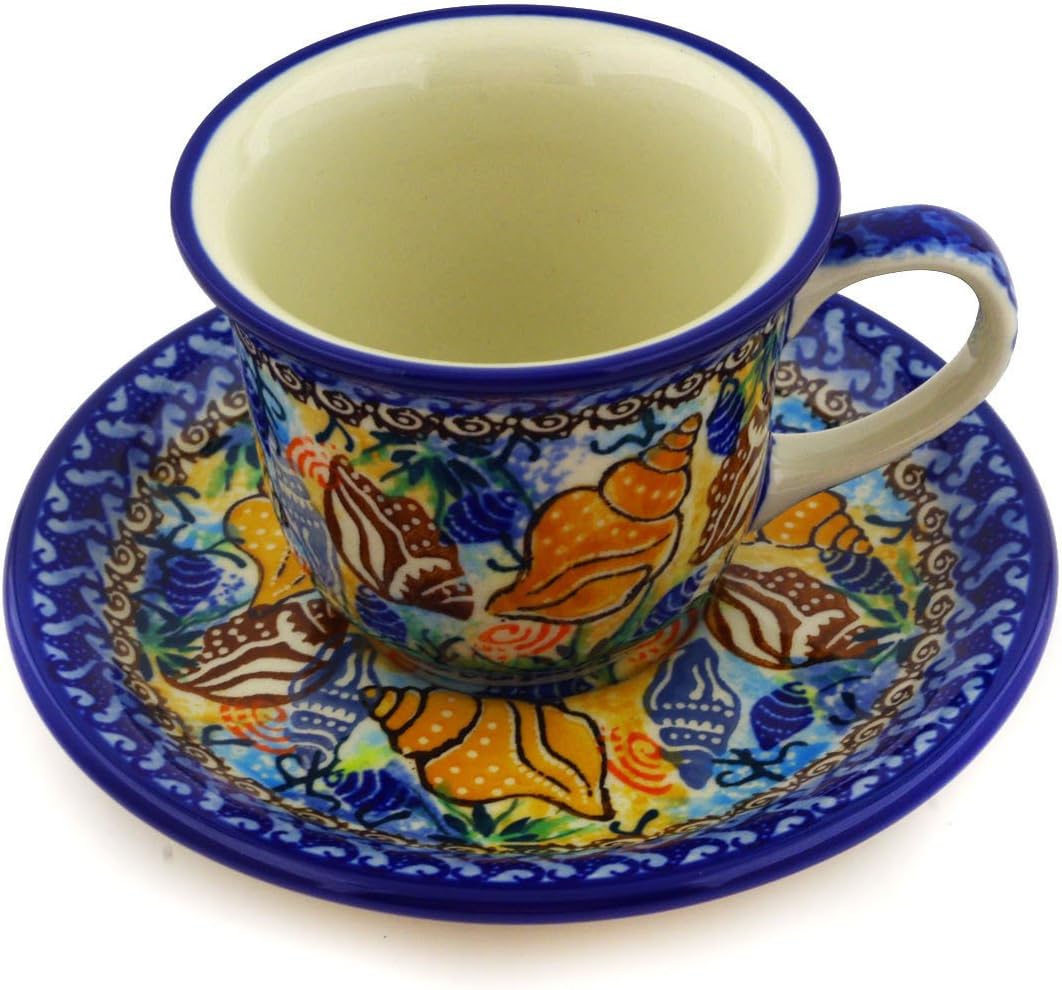 Polmedia Polish Pottery Cup with Saucer UNIKAT - Ocean Whisper Pattern Handmade in Boleslawiec Poland by Ceramika Artystyczna + Certificate of Authenticity
