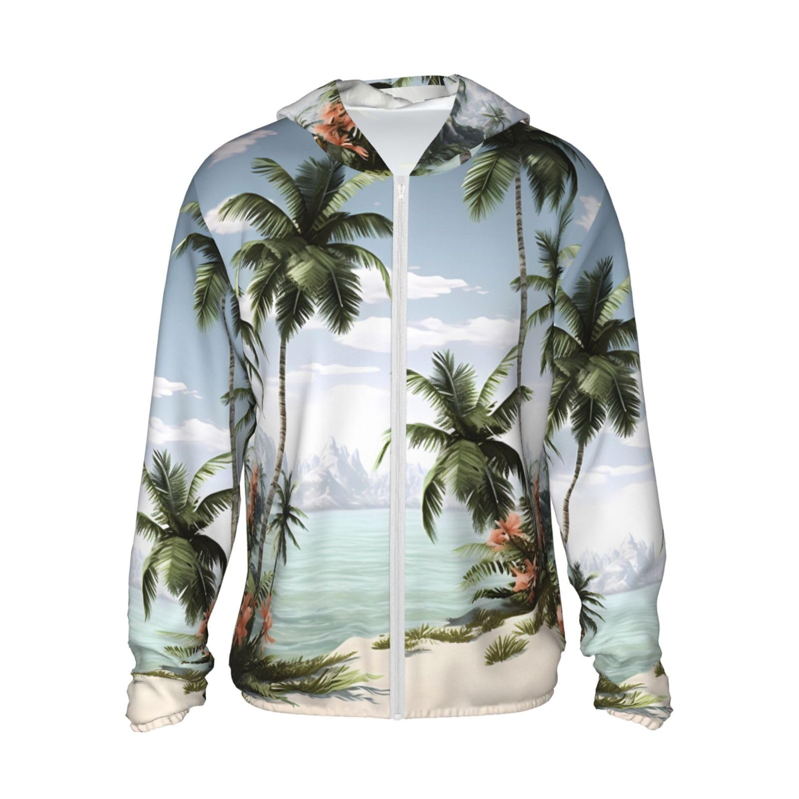 UPF 50+ Tropical Palm Trees Sun Protection Hoodie Full Zip Long Sleeve Lightweight Hoodie Jacket Rash Guard Shirts Large Black