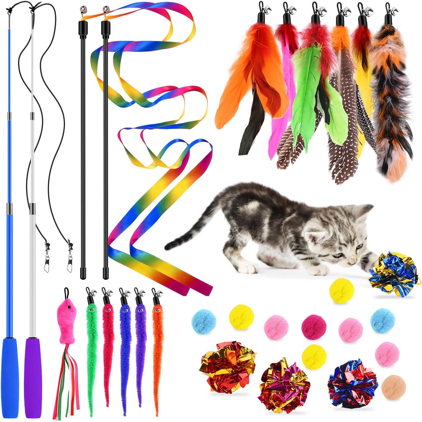 GOHHME 18-teiliges Katzenspielzeug Set - Federspielzeug Mit Verstellbaren Stangen
