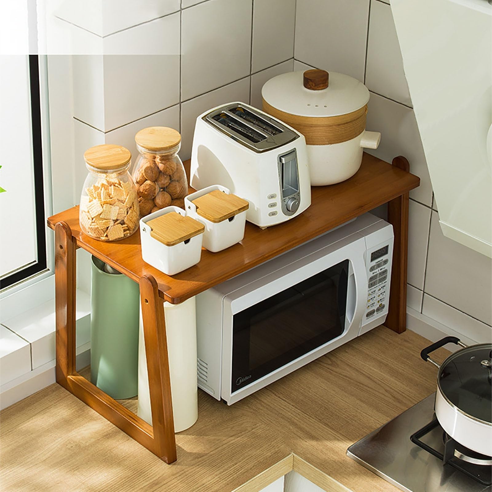 Scolapiatti in bambù naturale per microonde, 60 cm, robusto ripiano da banco per cabi e diningh EcoFriendlynizer