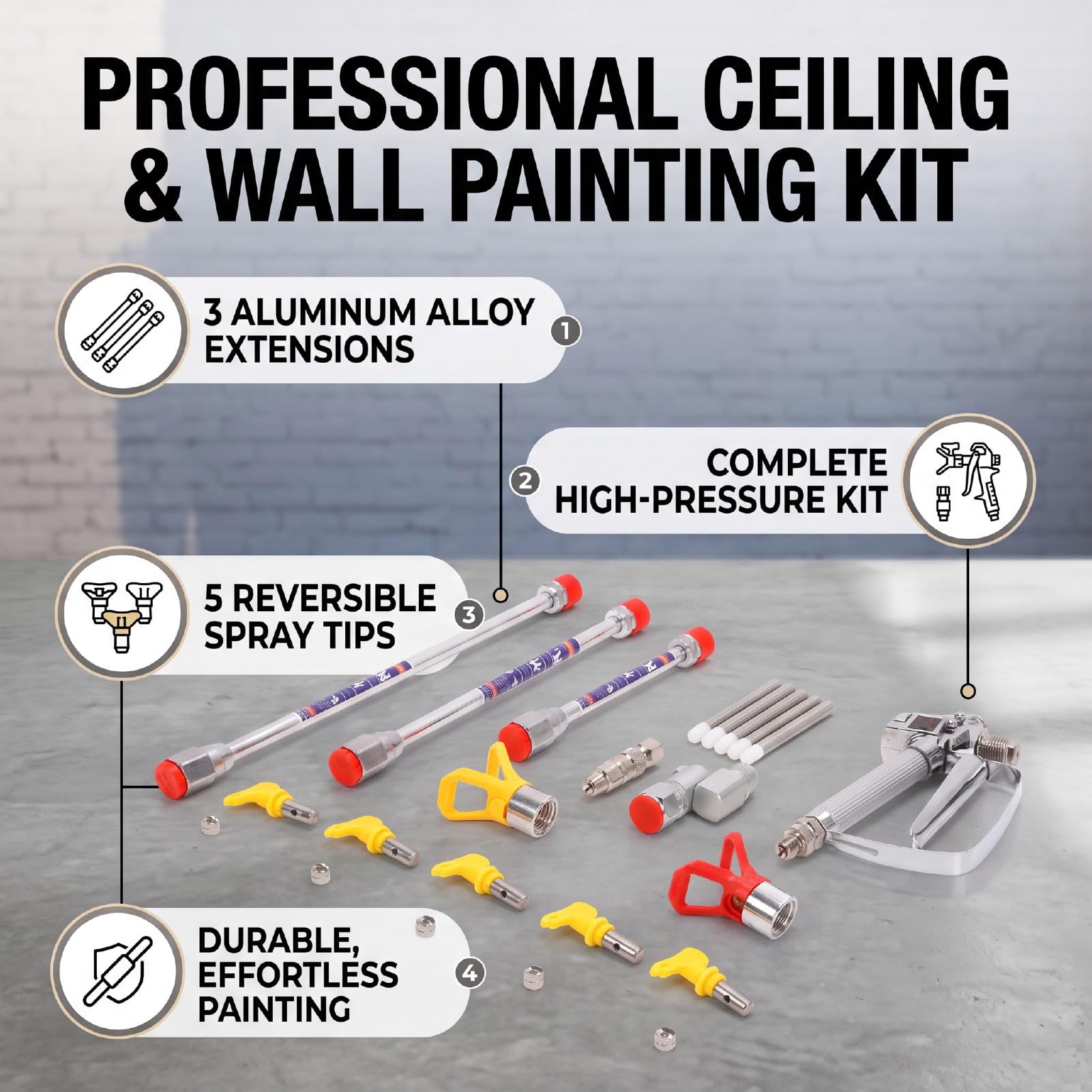 Luocute Kit de Varilla de Extensión para Pistola de Pintura Airless, con 5 Puntas Reversibles, para Uso en Interiores y Exteriores