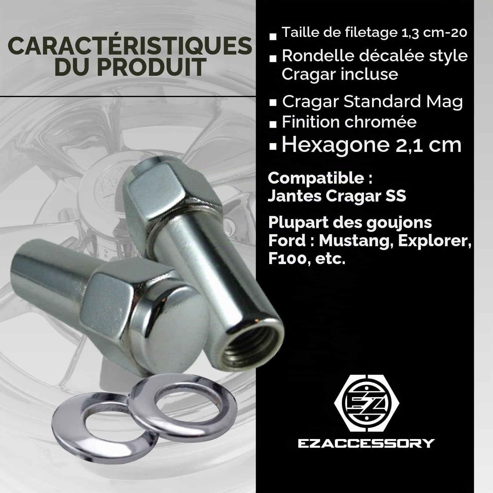 Cragar Lot de 20 écrous de roue standard en magnésium 1/2"-20 avec rondelle décalée