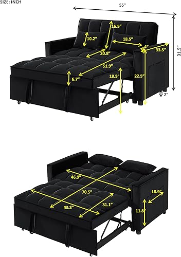 Miniatura 2 de Sofá cama biplaza de terciopelo convertible y moderno con cama desplegable, respaldo ajustable y 2 almohadas lumbares, para espacios pequeños