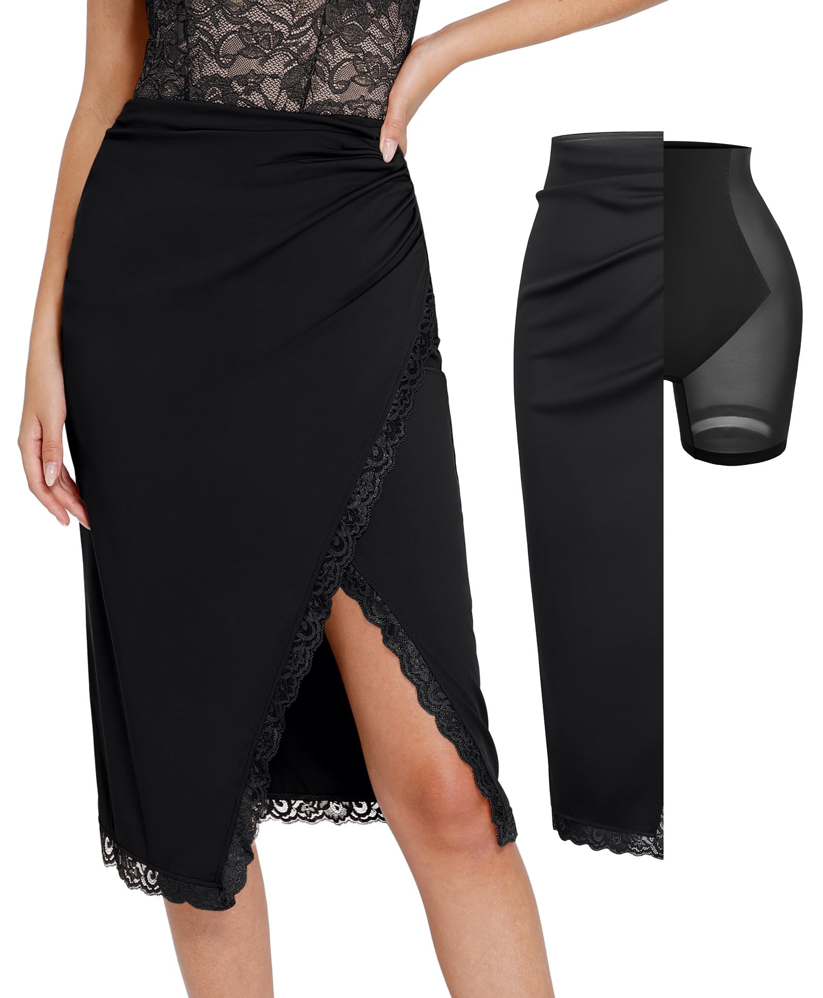 Popilush Midi Skirts for Women Lace Shapewear Split Satin High Waisted Bodycon Long Skirt Built-in Tummy Control
