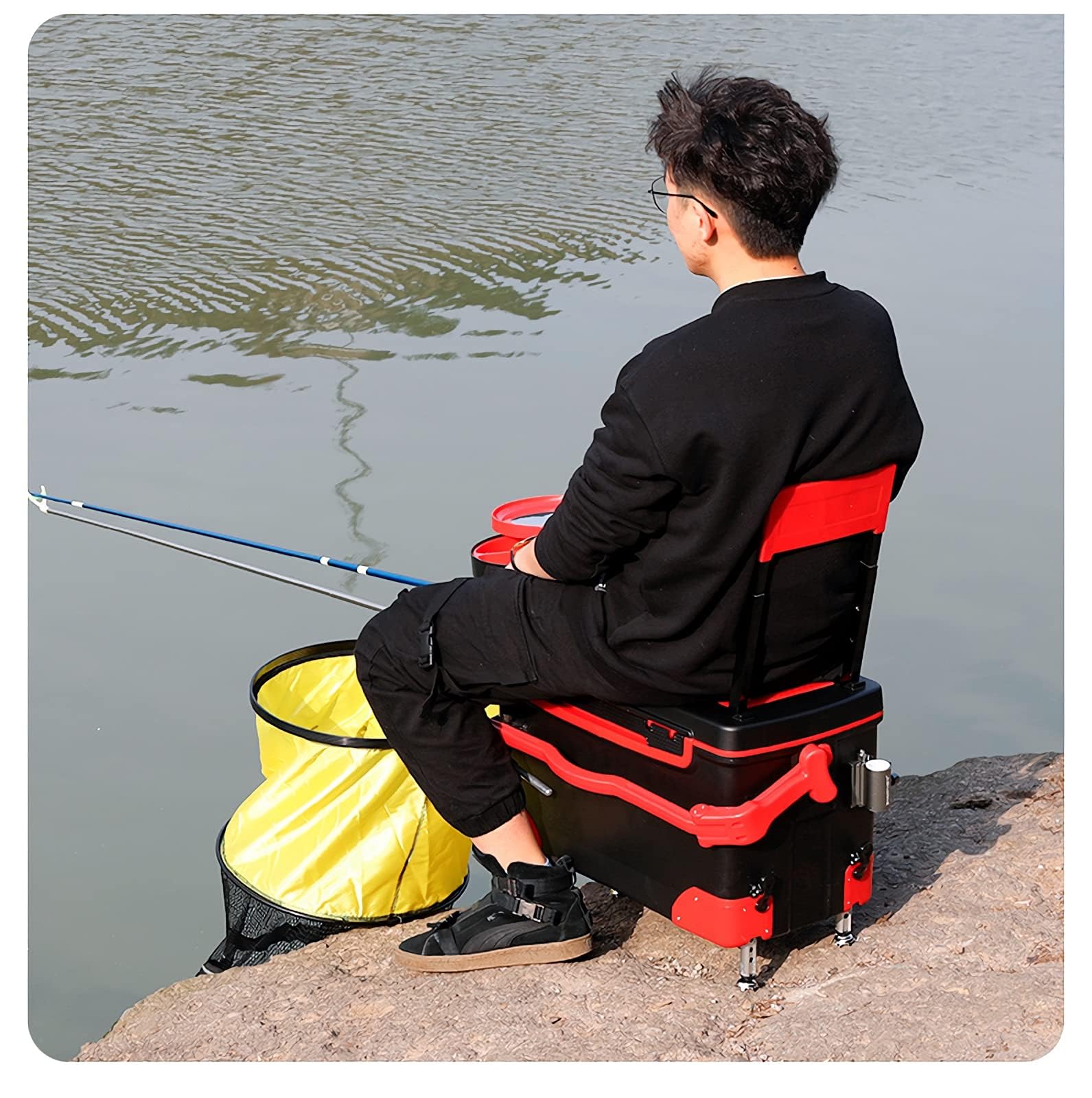 Asiento de pesca y caja de aparejos, cubo de pesca multifunción portátil con respaldo plegable para aventuras al aire libre